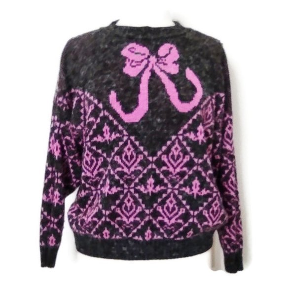 Vintage 80s Bow Print Sweater Crew Neck Marled Fuzzy Knit Pink Grey Medium - Picture 1 of 13